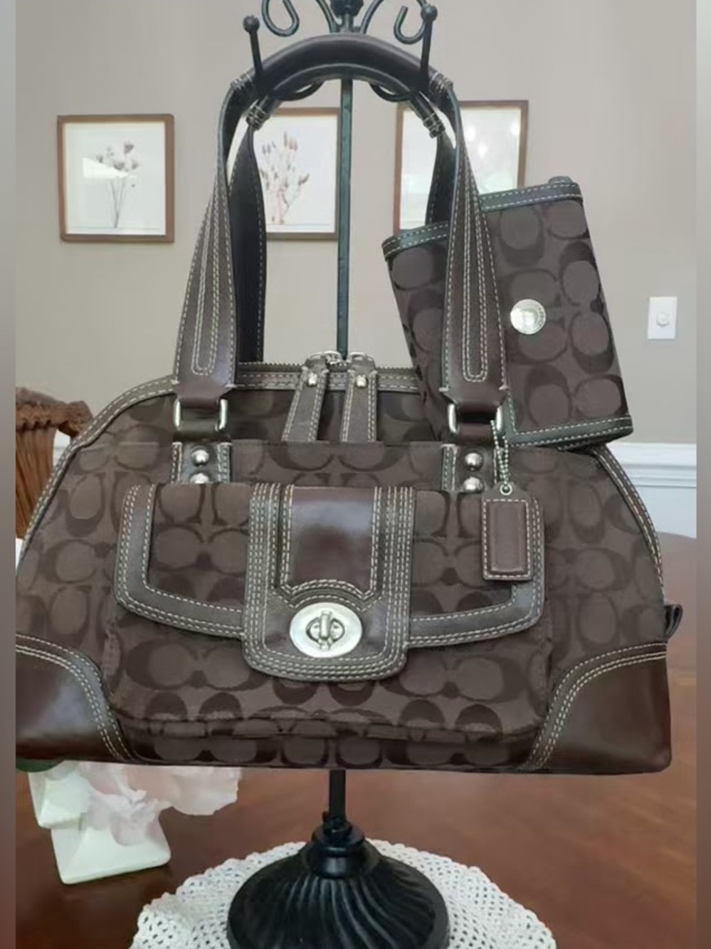Vintage Coach Signature Parker Turnlock Satchel F13977 & Trifold Wallet Set
